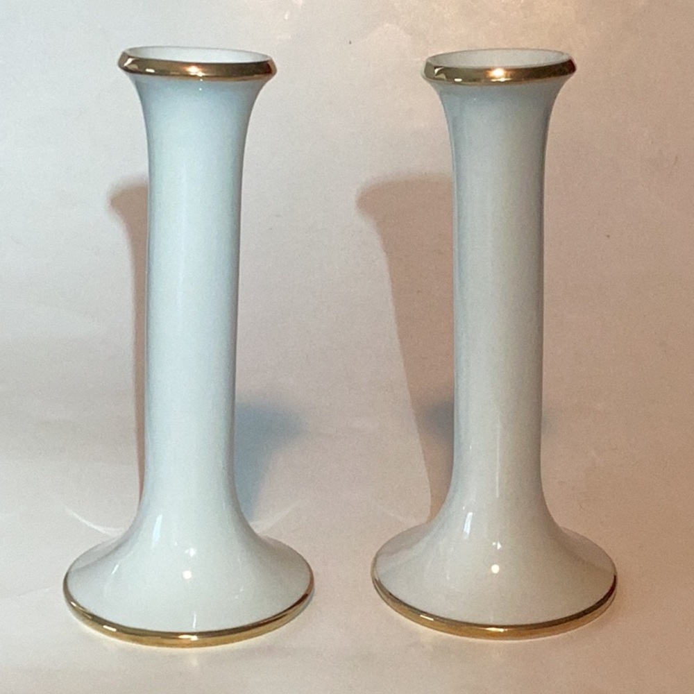 Dansk International Vintage white porcelain candlesticks pair w/gold WeddingBand